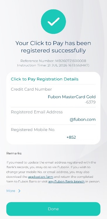 Step 6: Successful registration of “Click to Pay” Screenshot
