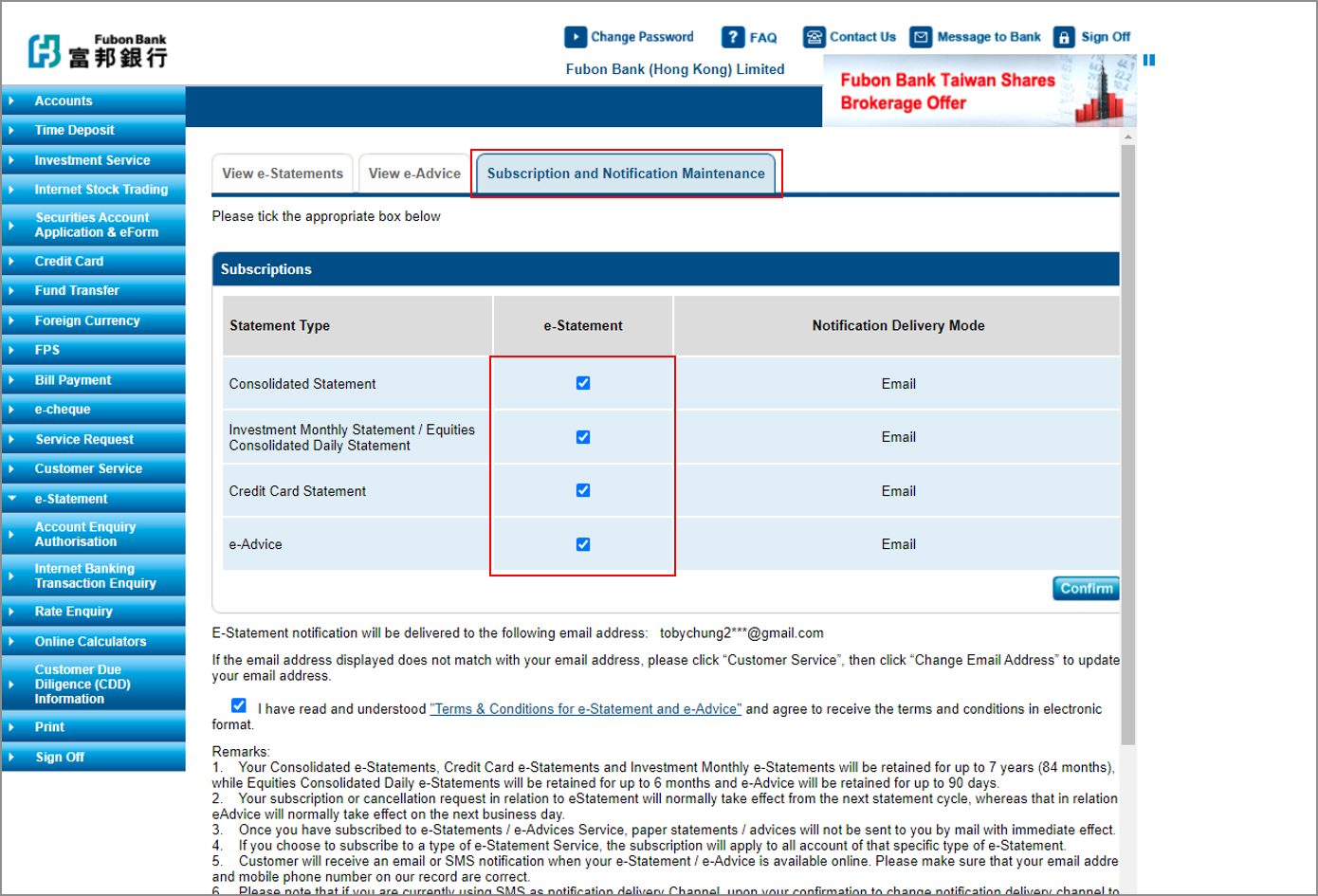 Step 3: Click “Subscription and Notification Maintenance”, then tick to select the type(s) of e-Statement to apply screenshot