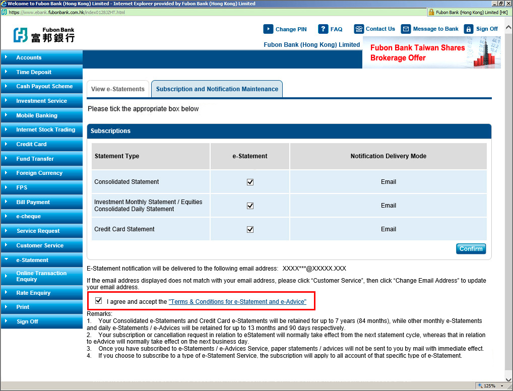Step 4: Read and accept the “Terms & Conditions for e-Statement and e-Advice” screenshot