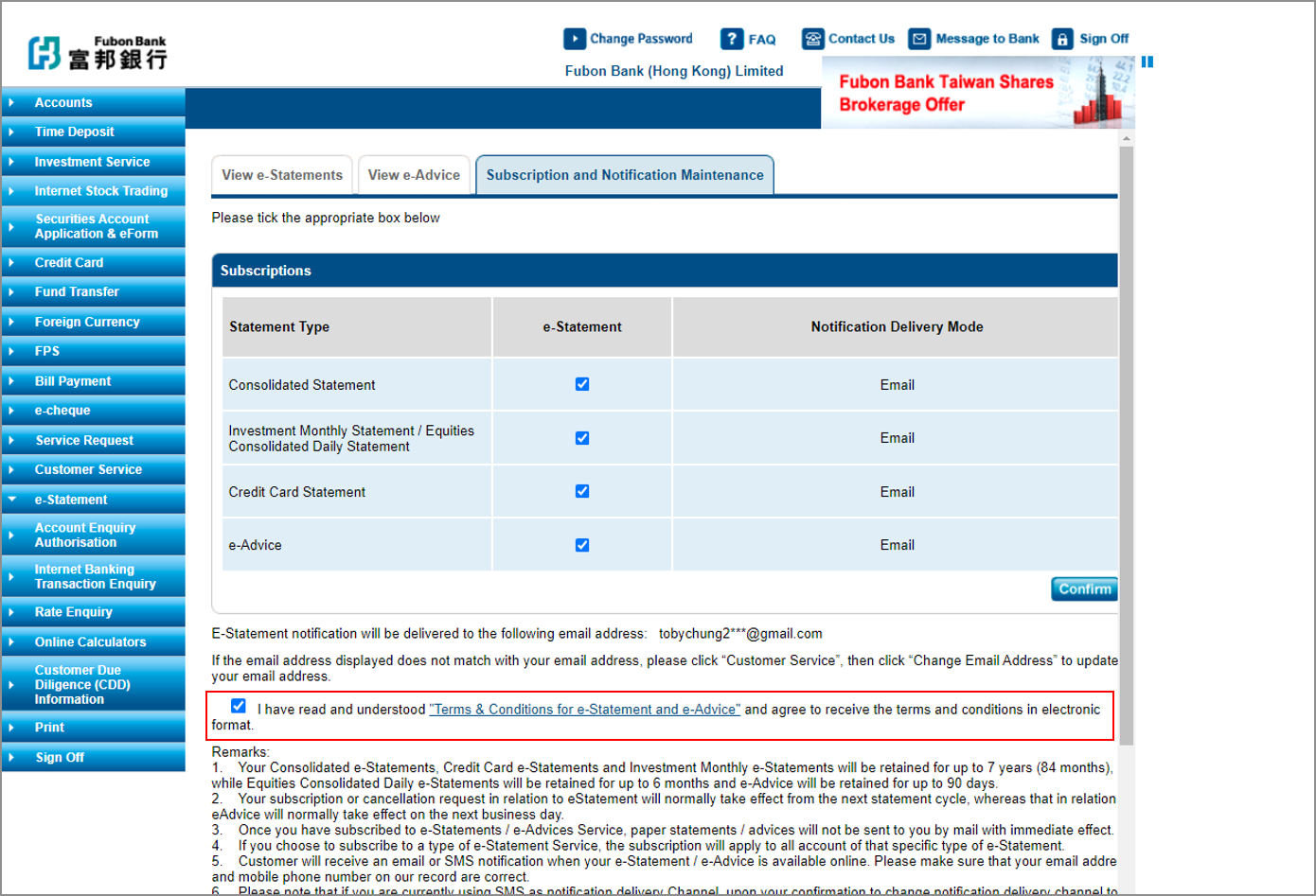 Step 4: Read and accept the “Terms & Conditions for e-Statement and e-Advice” screenshot