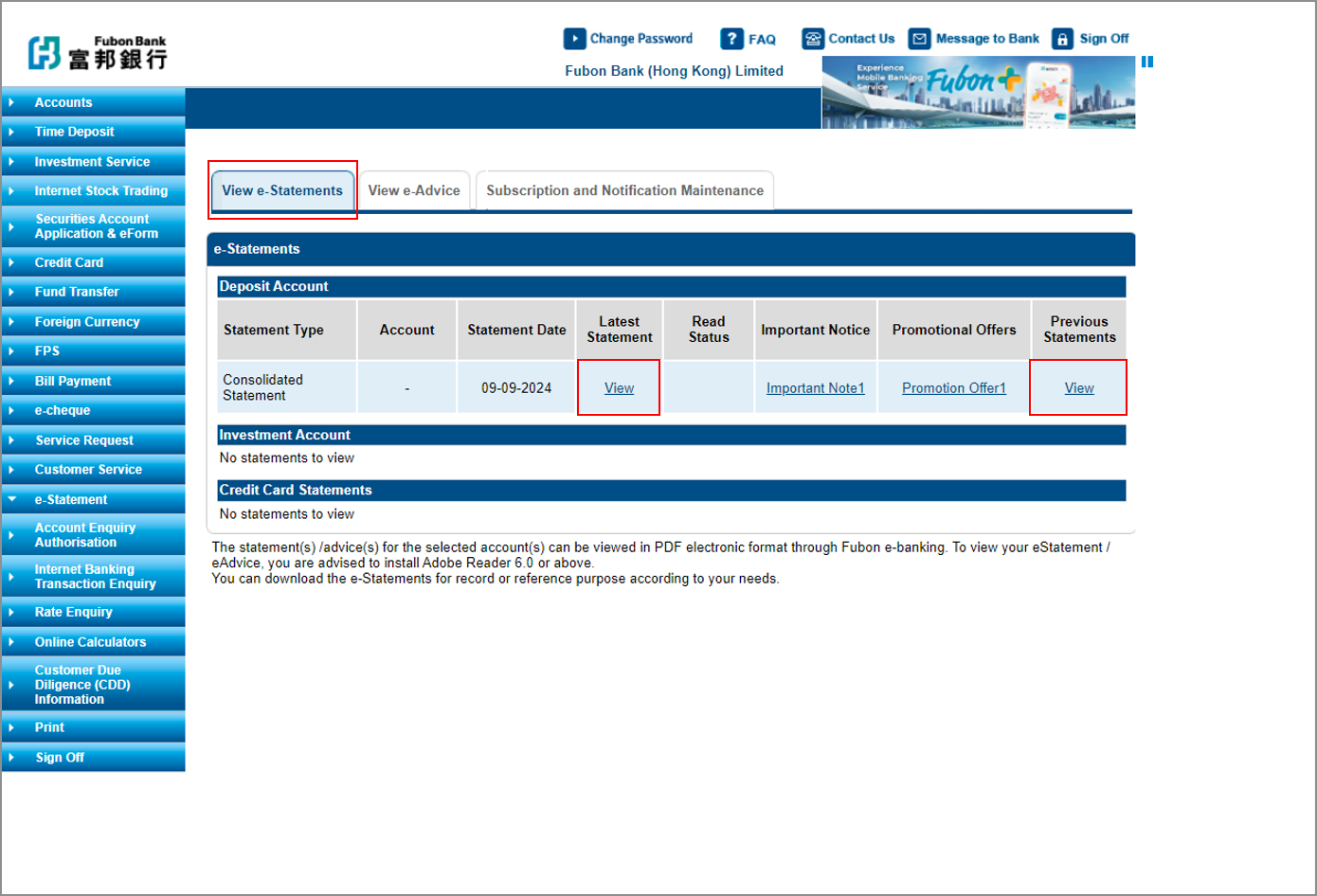 Click “View e-Statements” to view your latest or previous statement
 screenshot