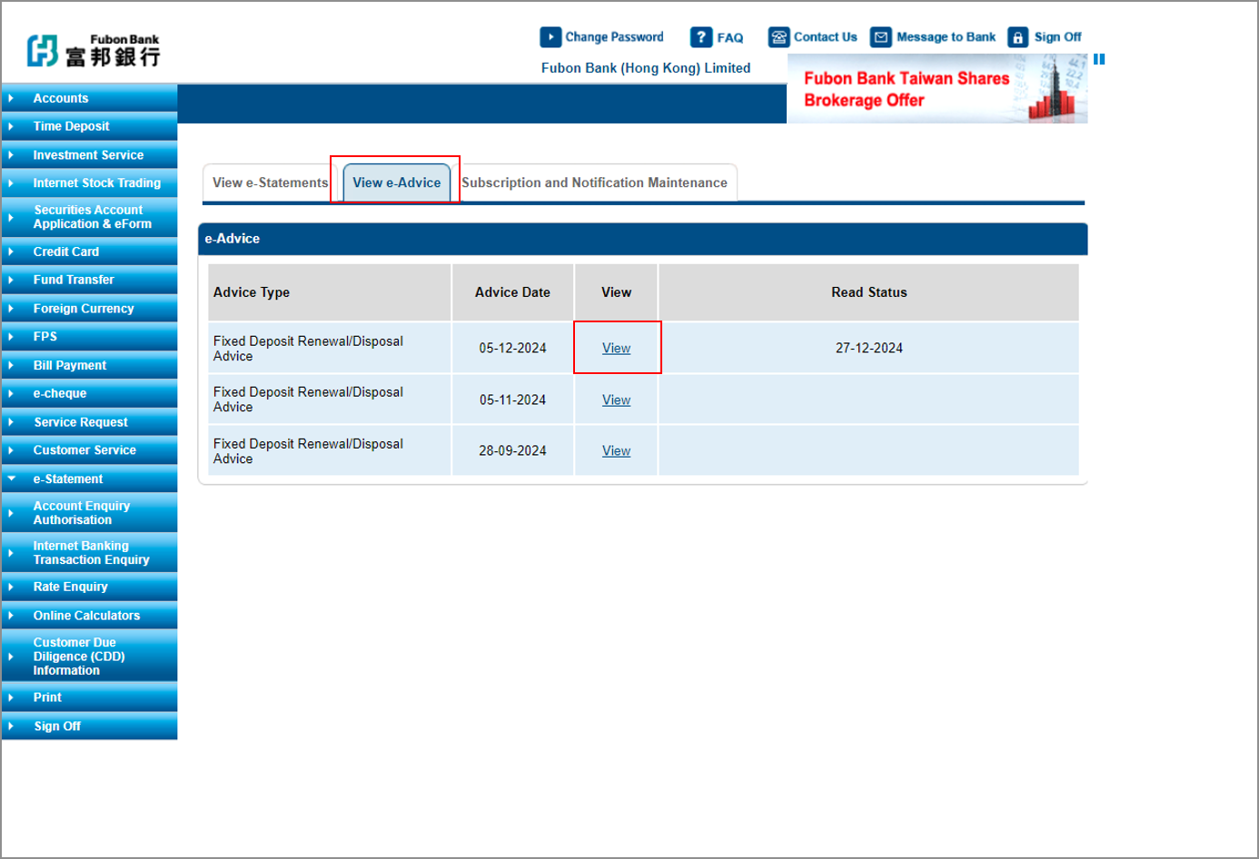 Click “View e-Statements” to view your latest or previous statement
 screenshot