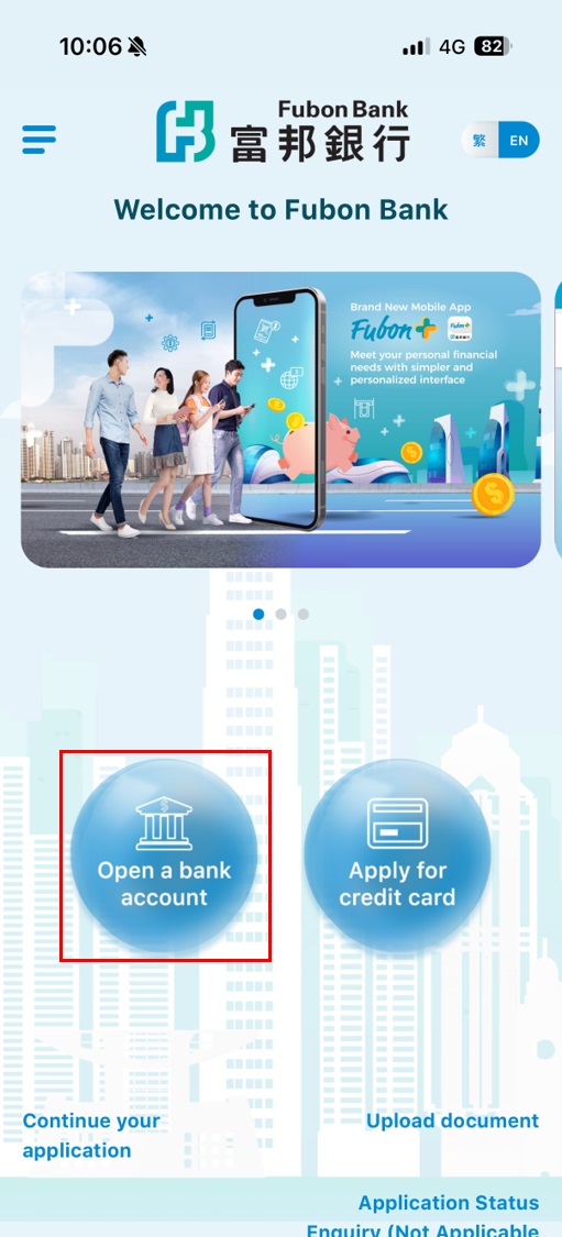 After opening Fubon GO, tap on Open Bank Account to start your application capture screen