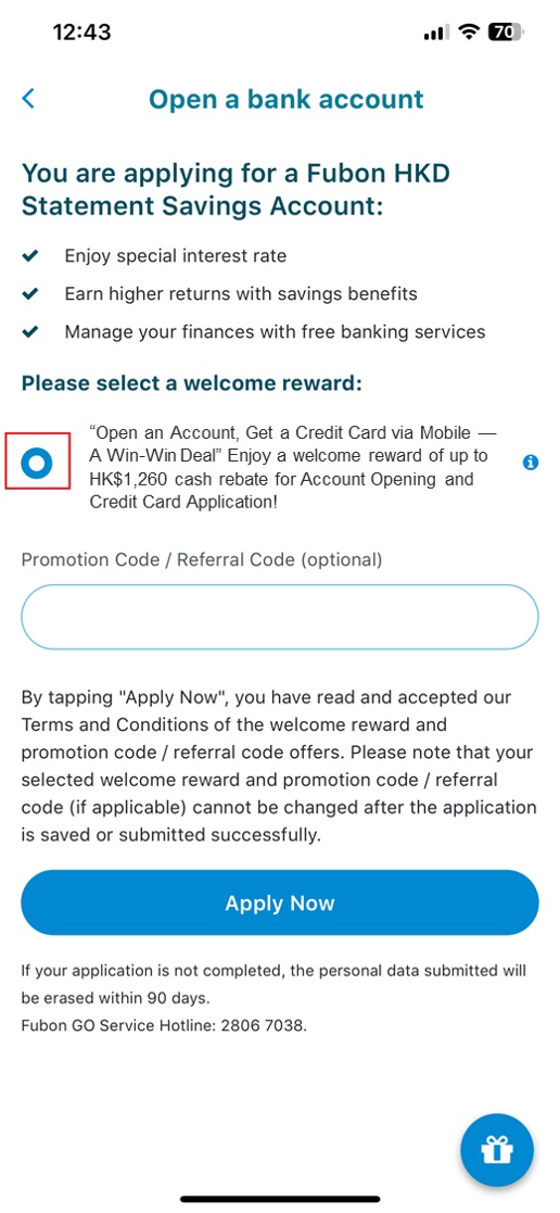 After opening Fubon GO, tap on Open Bank Account to start your application capture screen