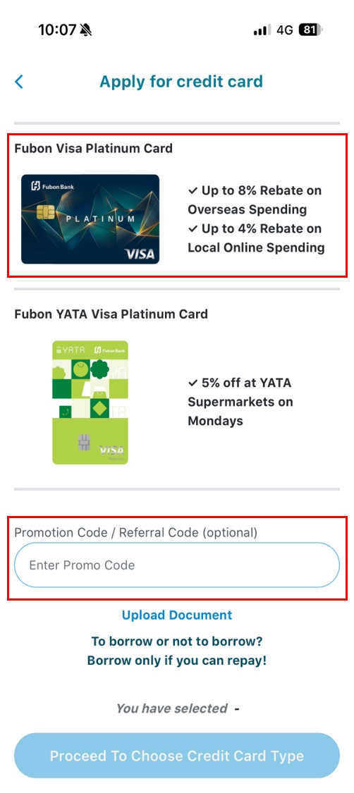 After opening Fubon GO, tap on Apply for credit card to start your application capture screen