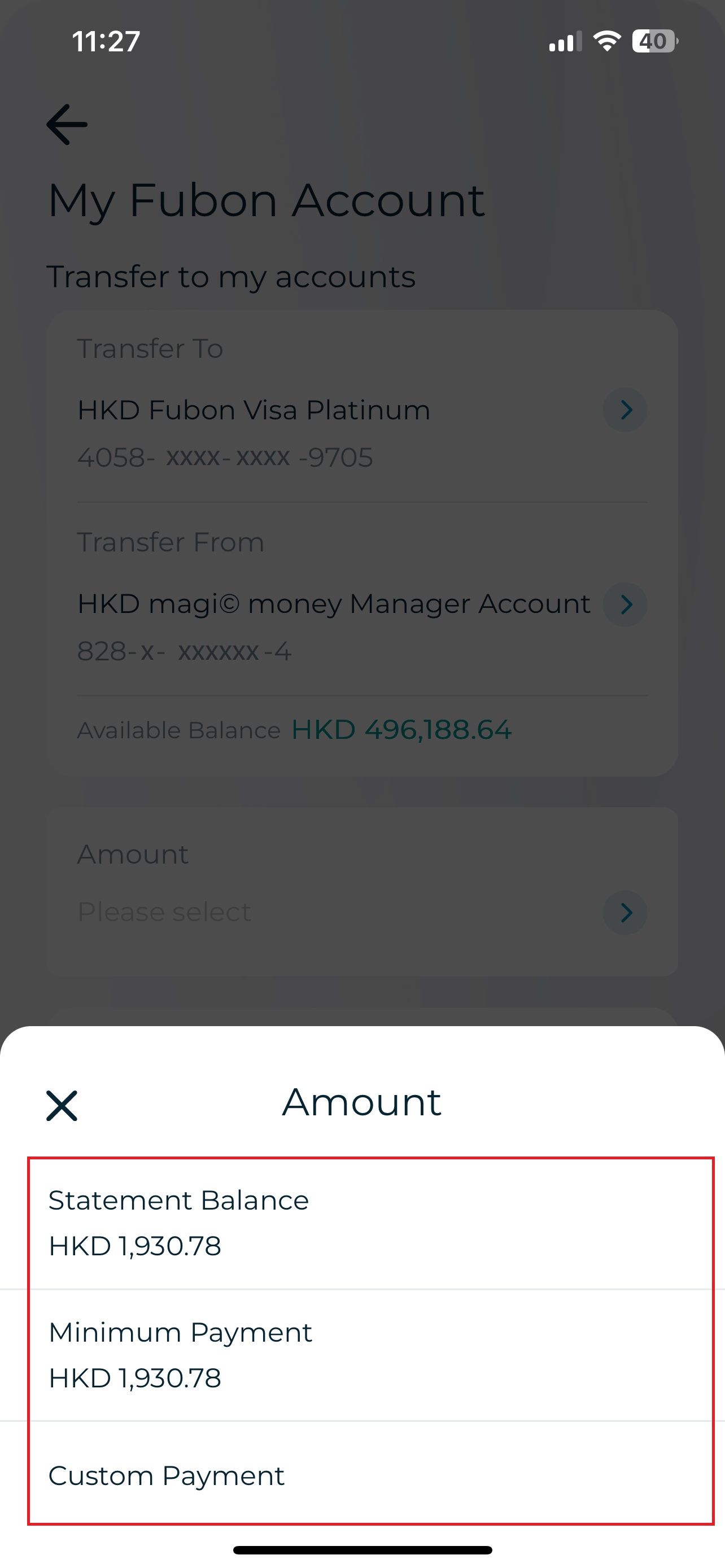 4. Select the Transfer From Account and Select repayment amount cpture screen