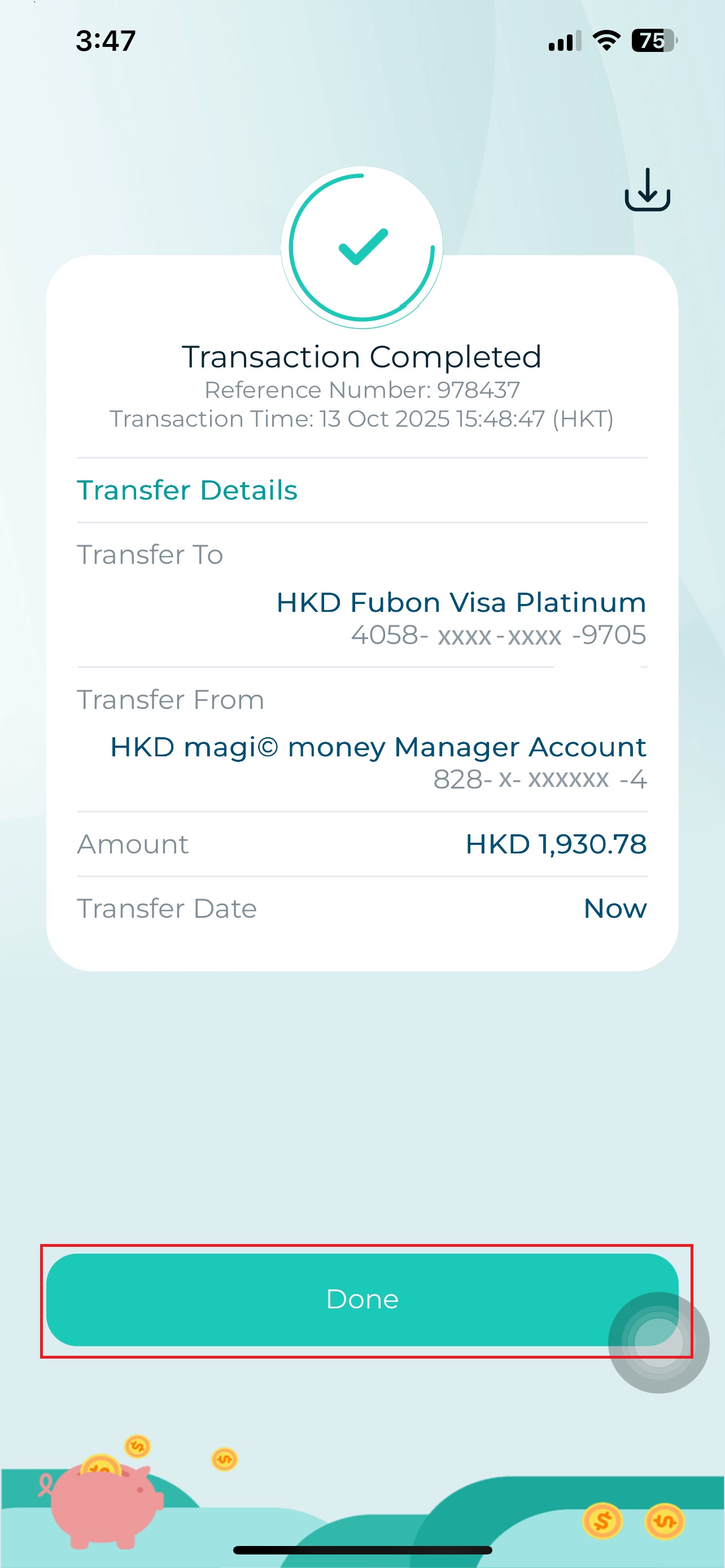 6. Repayment completed capture screen